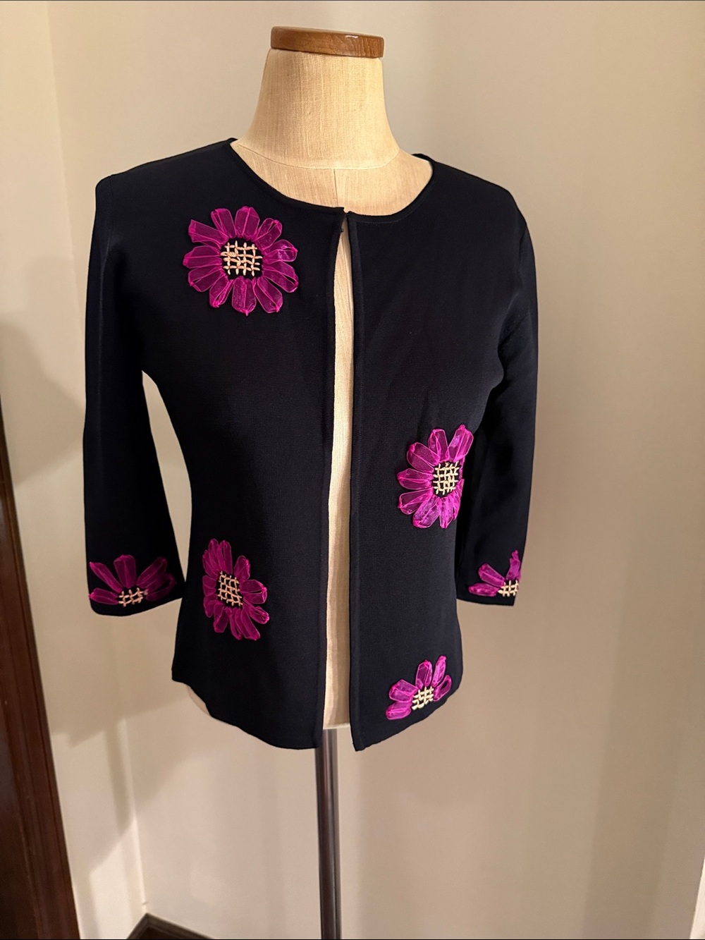 Joseph A Navy Open-Front Jacket with Fuchsia Floral Appliqués